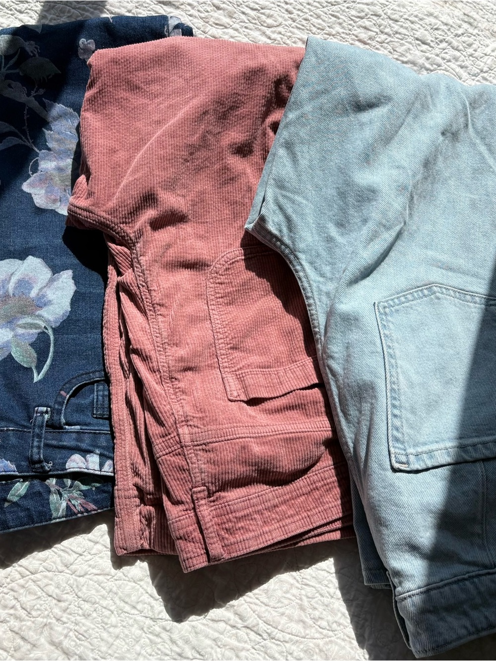 Bundle of 3 Women’s Pants: Floral Denim, Dusty Rose Corduroy & Light Wash Denim